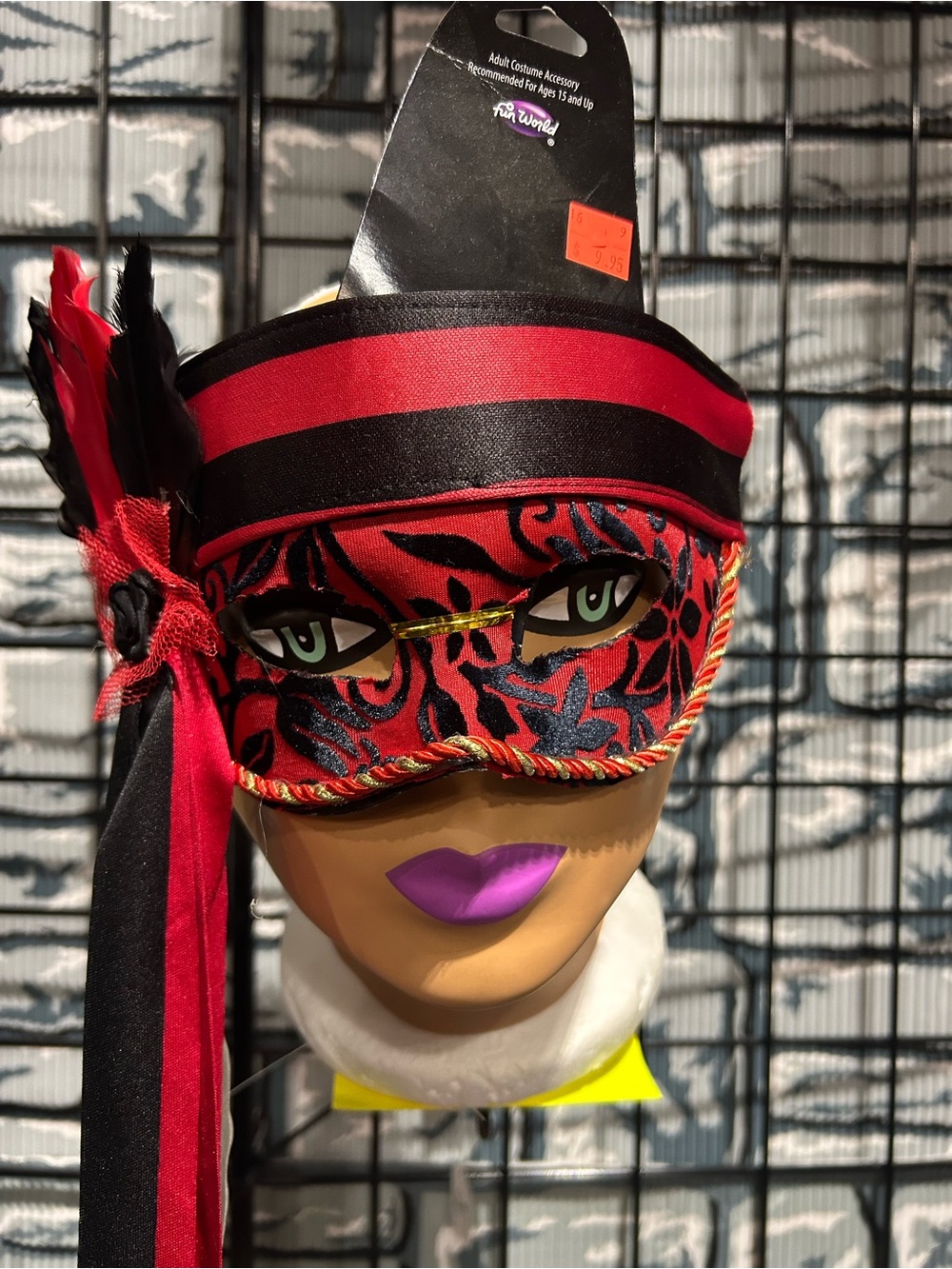Red and Black Floral Masquerade Eye Mask with Ribbon Tie